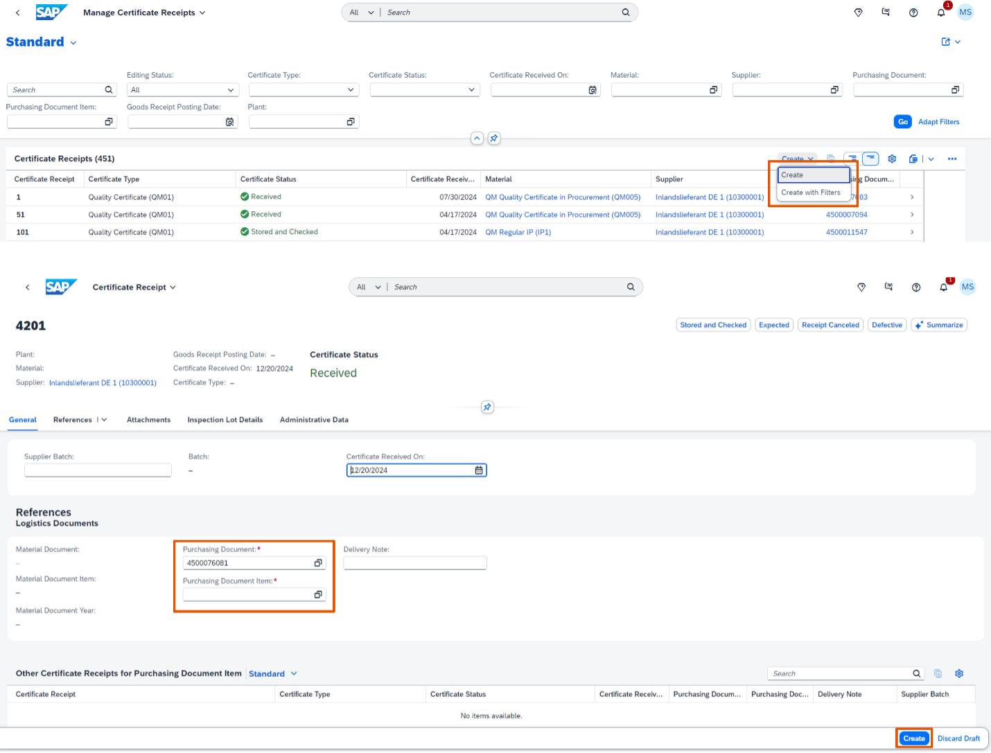 SAP S4HANA Manage Cerificate Receipts