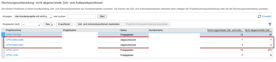 Projektverrechnung zugeordnete Zeit- und Aufwandpositionen