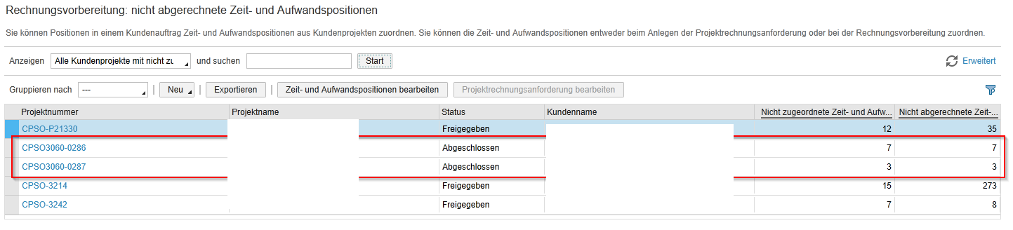 Projektverrechnung zugeordnete Zeit- und Aufwandpositionen